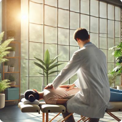 Chiropractor performing a gentle adjustment on a patient in a peaceful clinic with natural light and indoor plants, emphasizing wellness and relaxation.