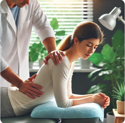 Chiropractor adjusting a patient in a calm clinic with subtle lighting and green plants, showcasing stress relief and the mental health benefits of chiropractic care.