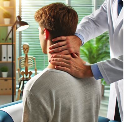 Chiropractor adjusting a patient's neck in a professional clinic, representing whiplash recovery.