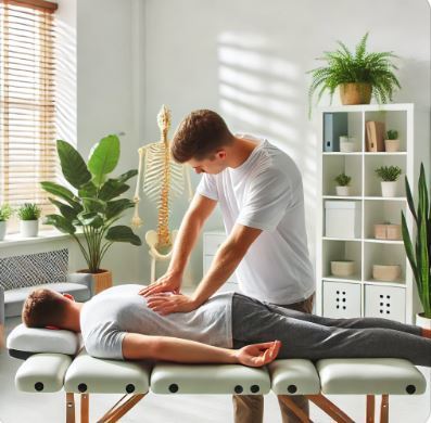 Chiropractor adjusting a patient's spine for lower back pain relief in a clean, bright clinic.