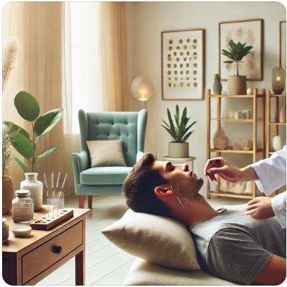 An acupuncture clinic where a practitioner applies needles to a patient's ear for addiction treatment in a calming, minimalist space.