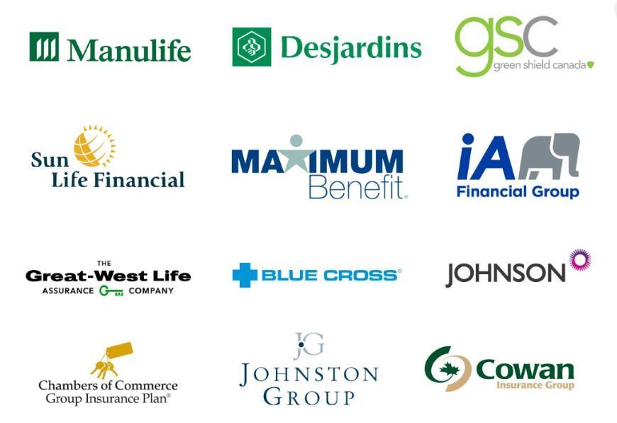 Logos of various insurance providers including, Blue Cross, Chambers of Commerce, Desjardins, Equitable Life, Manulife, Sunlife, Greenshield, Empire Life, Medavie, ICBC, indicating direct billing options at Motion Pro Health clinic in Metrotown, Burnaby.